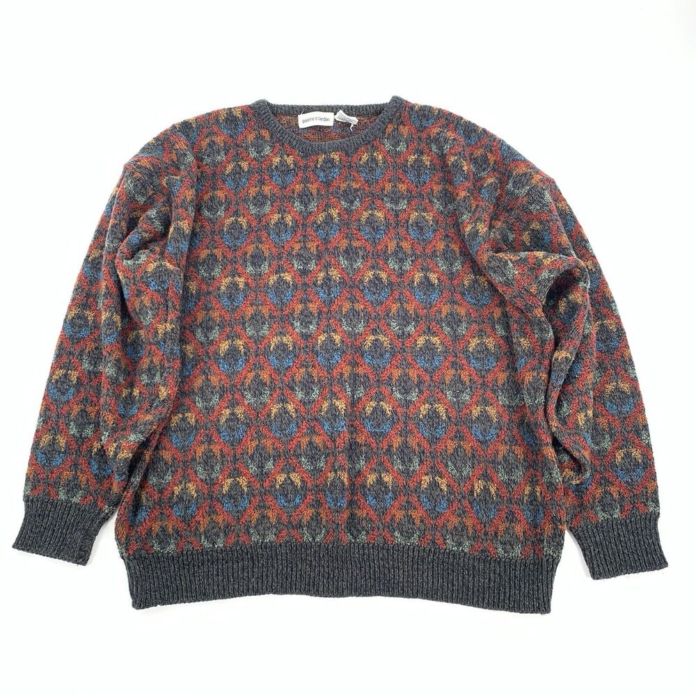 Vintage 80s Pierre Cardin Geometric Print Crewneck Sweater Size XL Mens Gray Red